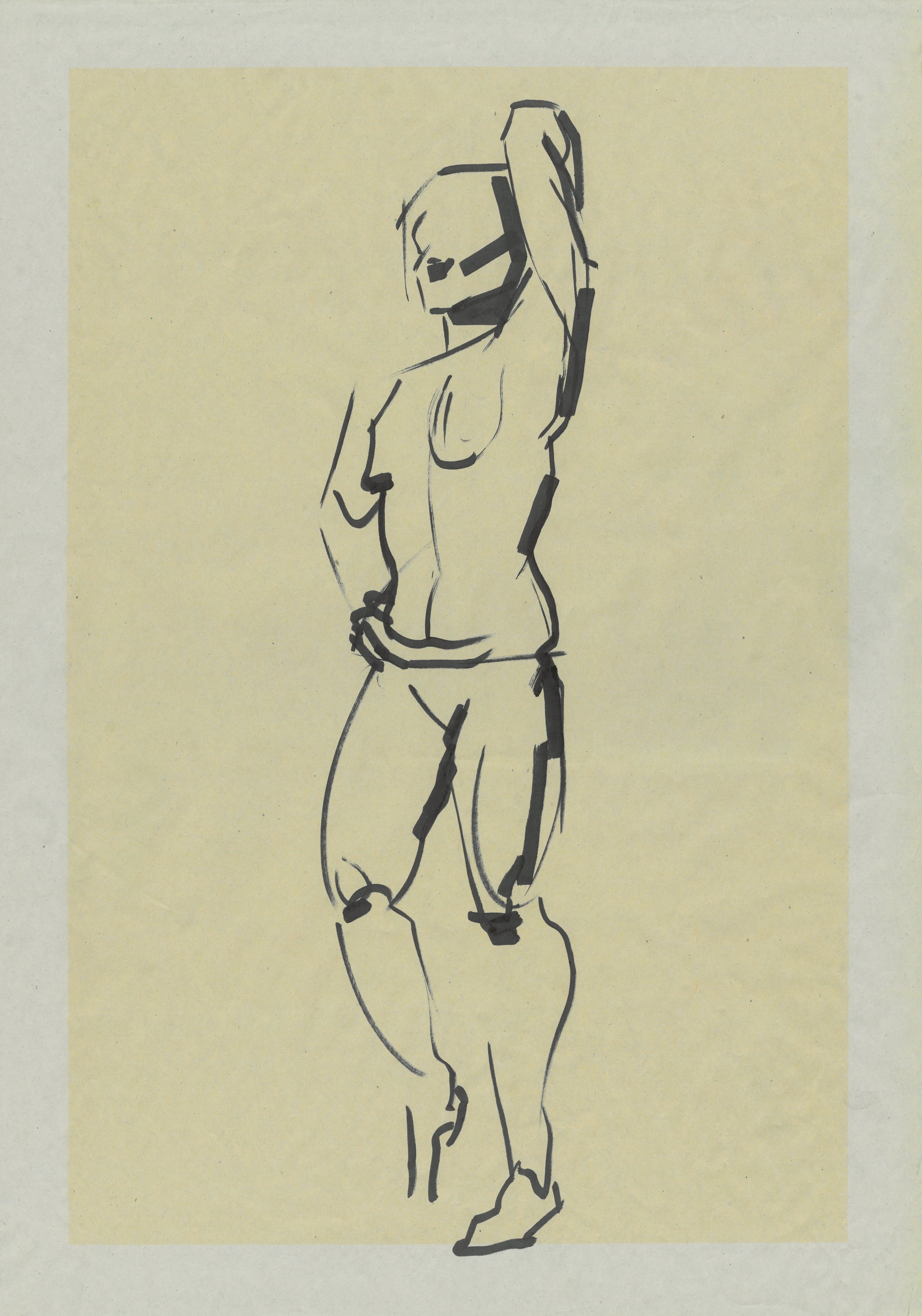 Stojąca naga postać ujęta niemal frontalnie, z jedną ręką uniesioną nad głowę, drugą przy biodrze i lekko zgiętą nogą.