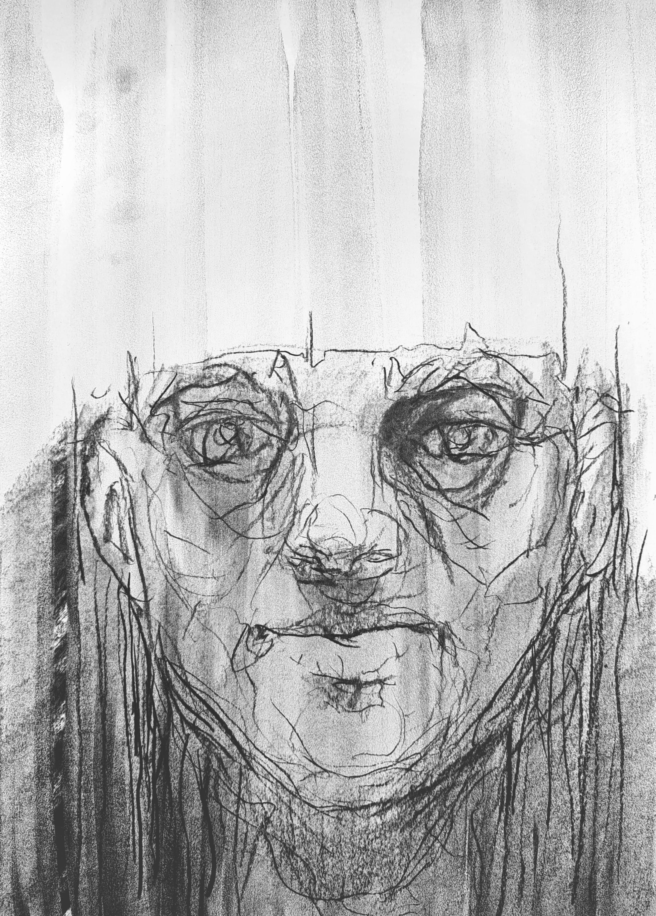 Monochromatyczny portret twarzy na wprost, z wyraźnymi oczami otoczonymi ciemnym cieniem, siecią ostrych linii i jasnymi pionowymi pasami nad czołem.